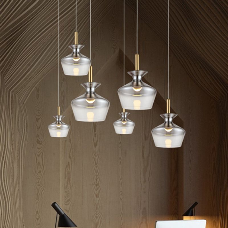 Cup Shaped Ceiling Light Post Modern Smoke Gray Glass LED Restaurant Pendant Lamp in Brass