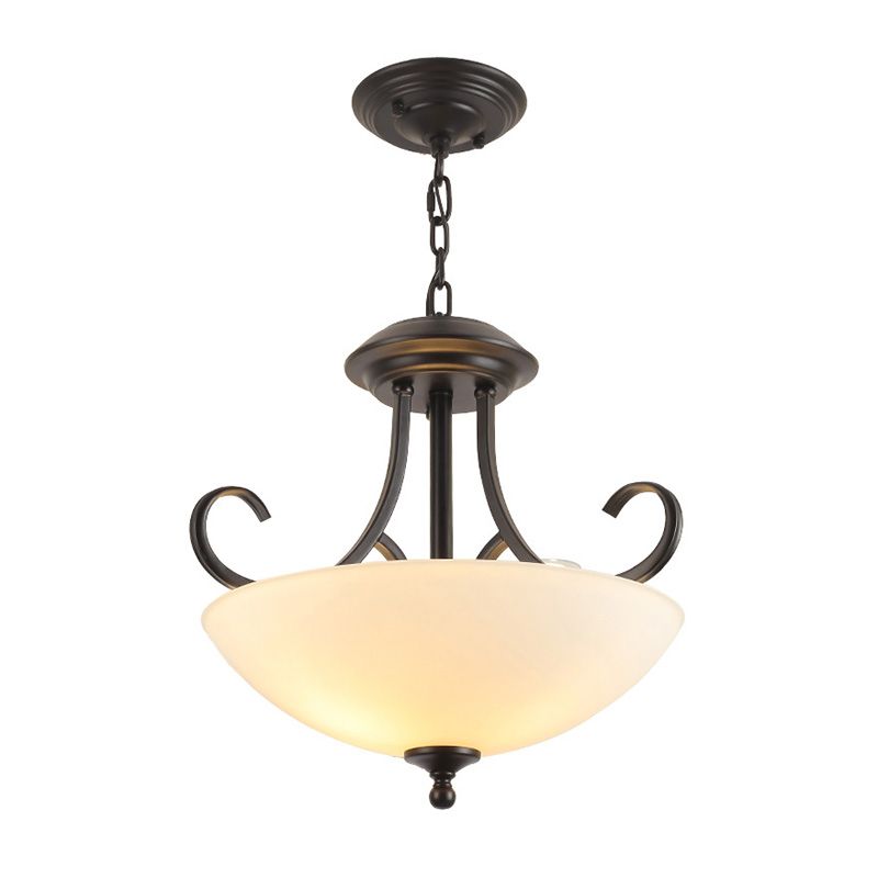Iron Swirled Arm Ceiling Light Retro 3 Heads Dining Room Chandelier Light with Bowl White Glass Shade in Black