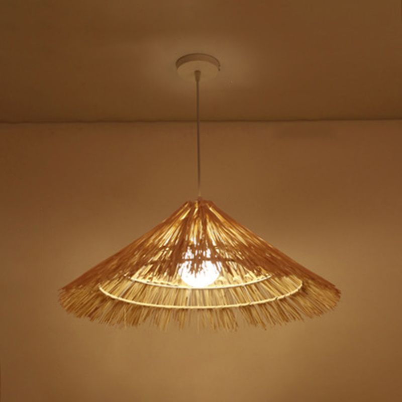 Cone Shaped Restaurant Pendant Lighting Fixture Rattan Asian Hanging Ceiling Light