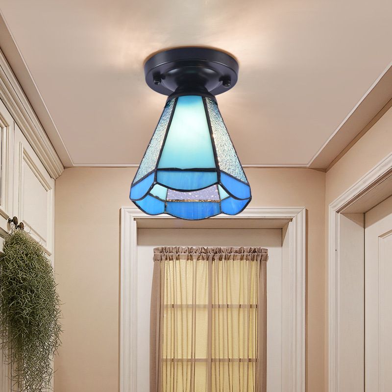 Shaded Semi Flush Mount 1-Light Handcrafted Glass Tiffany Style Ceiling Mounted Light