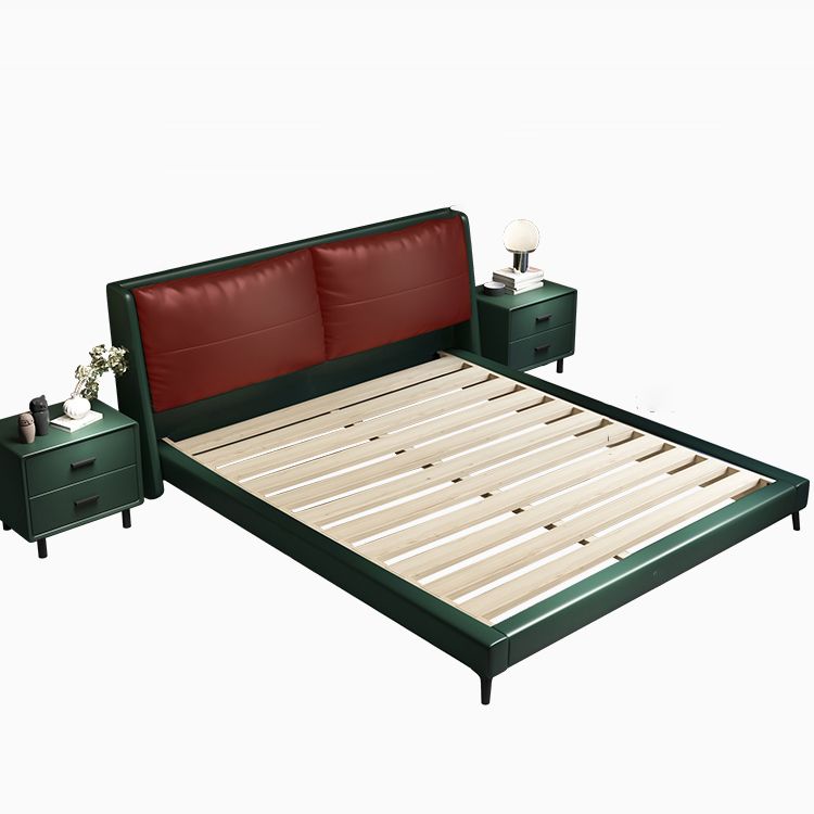 Scandinavian Wooden Panel Bed Green Genuine Leather Standard Bed