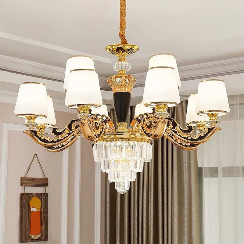 White Glass Tapered Ceiling Lighting Traditional Living Room Chandelier Light with Layered Crystal Decor