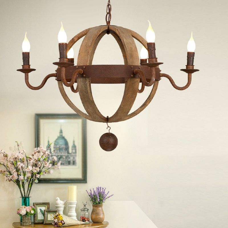 Luz de techo de madera de globo tradicional de 6/8 bombas Candelera colgante de comedor en marrón