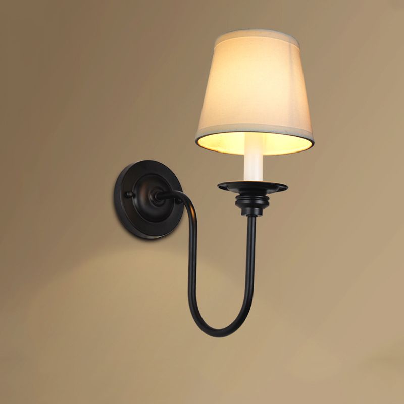 Cone Fabric Wall Sconce Traditional 1 Head Bedroom Sconce Light with Metal Arched Arm in White