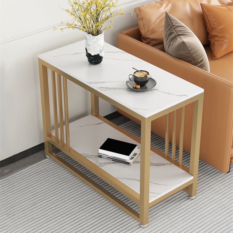Metal Frame End Table 2-Tier Stone Top Accent Side Table with Shelf