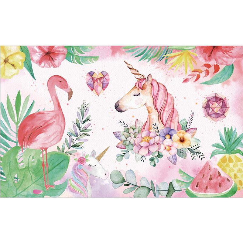 Stylish Unicorn and Flamingo Murals Pink and Green Stain Resistant Wall Art for Bedroom