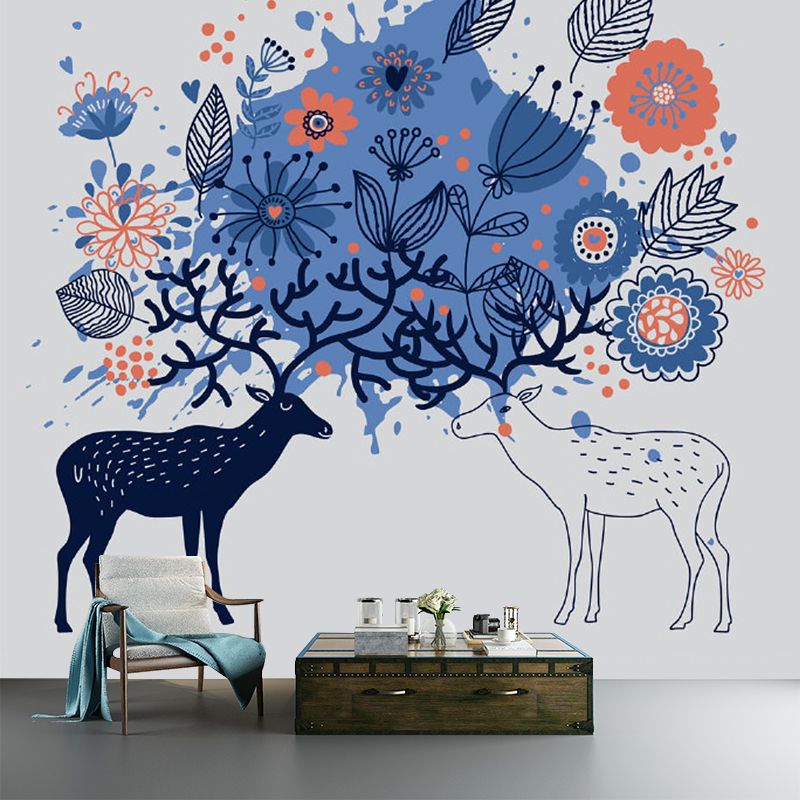 Childrens Art Sika Deer Mural Blue Stain-Resistant Wall Decor for Bedroom, Non-Woven
