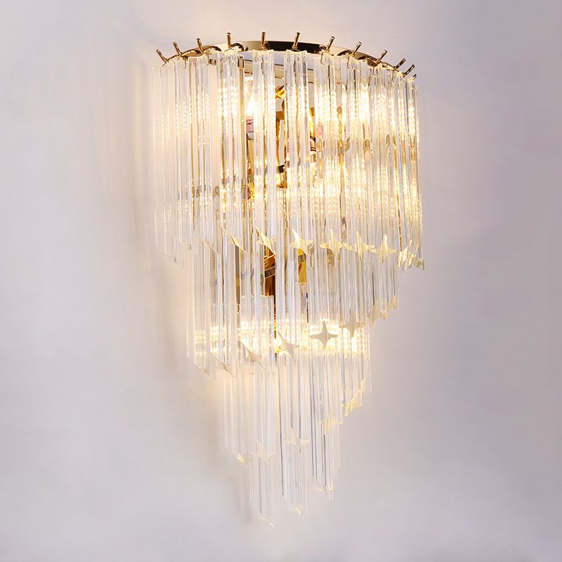 Gold Stagger Wall Sconce in Modern Luxury Style Wrought Iron 4-Light Wall Lamp with Crystal Shade