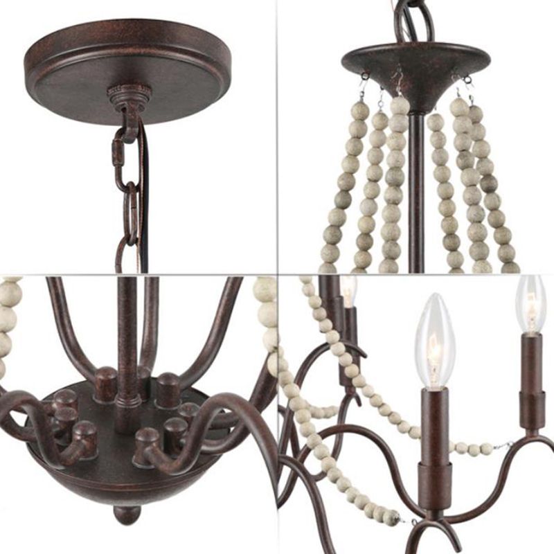 9-Light Suspension Light Retro Style Beaded Wood Chandelier Light with Metallic Candle in Rust