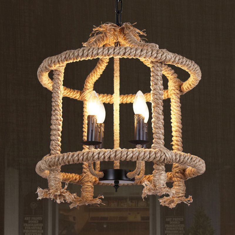 Beige 4 Lights Chandelier Light Fixture Traditional Rope Cylinder Pendant Lamp for Dining Room