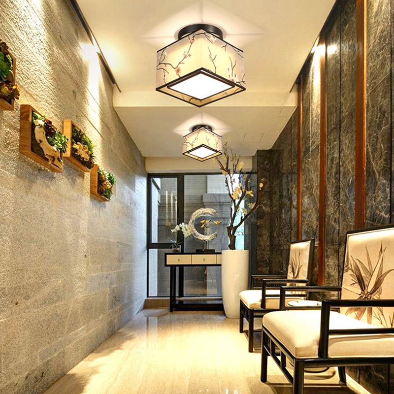 Black 1 Light Ceiling Lighting Chinese Style Fabric Design Semi Flush Mount Lighting for Living Room