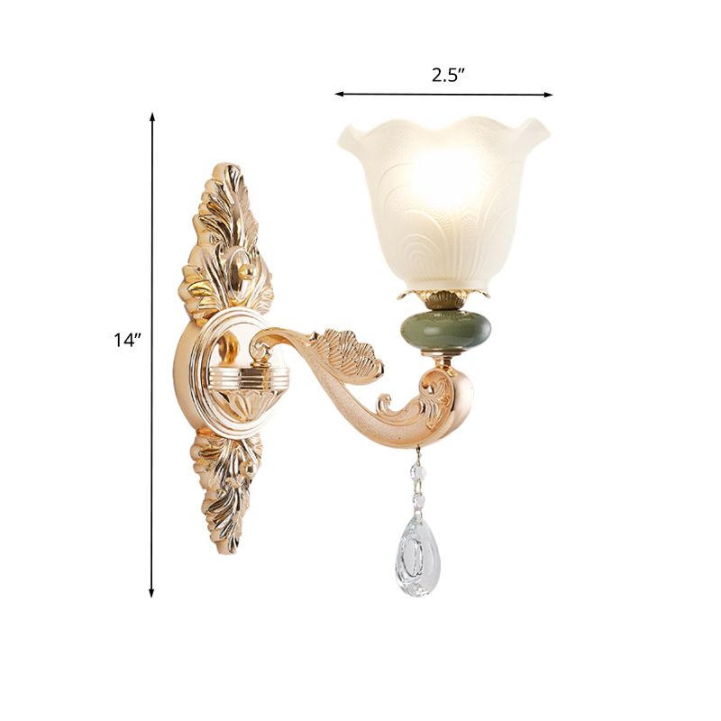 Traditional Ruffle Shade Wall Light 1/2-Bulb Opal Frosted Glass Sconce Lighting in Gold