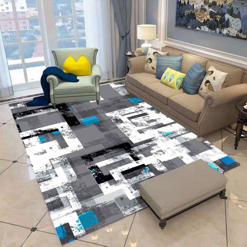 White Abstract Pattern Rug Polyester Casual Rug Non-Slip Backing Area Rug for Living Room