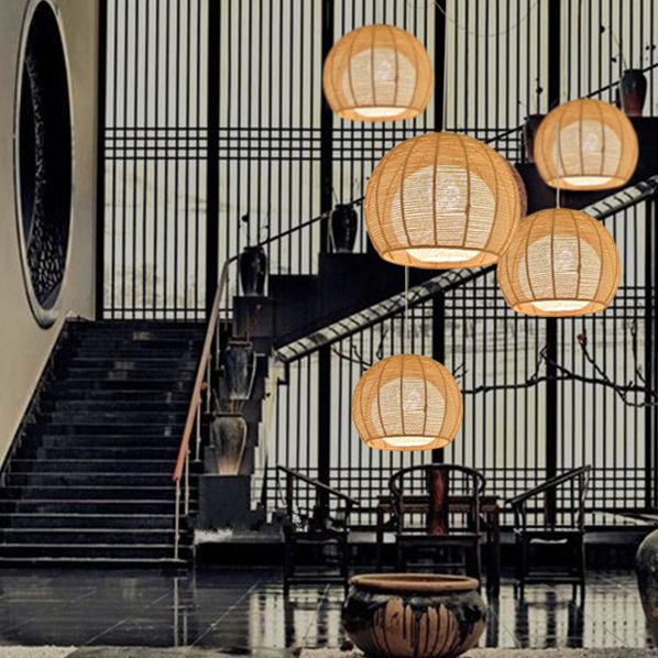 Asian Style Hand-weaving Lighting Fixture Double Rattan Shade Simplicity Globe Hanging Light for Bedroom Balcony