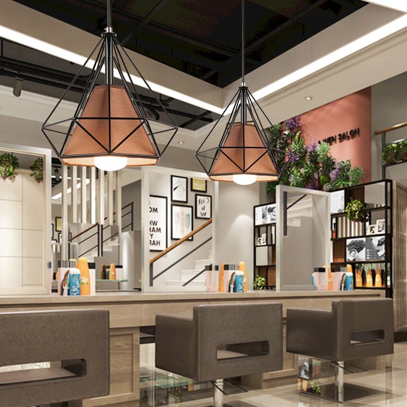 1-Light Diamond Cage Pendant Ceiling Lights Industrial Hanging Light Fixtures with Fabric Shade