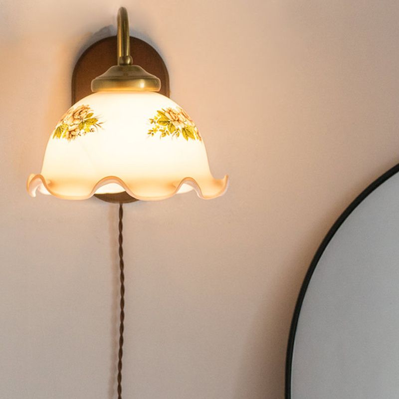 Modern Wood Wall Sconce Flower Shape Vanity Lamp with Glass Shade for Bathroom