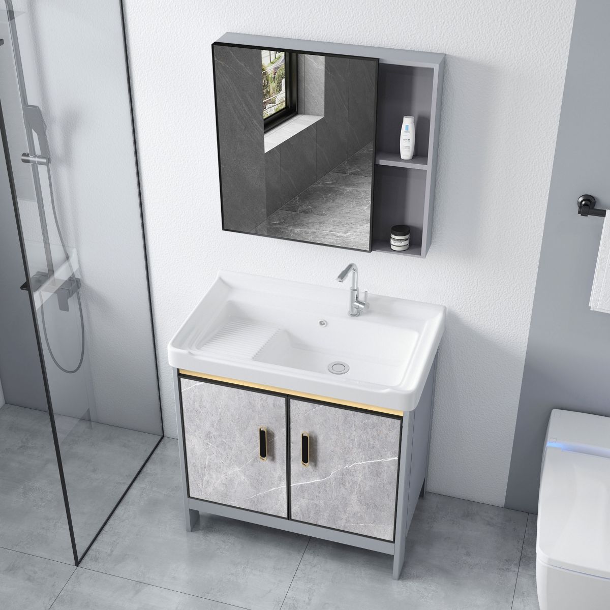 Metal Freestanding Sink Vanity Modern Mirror Cabinet Bathroom Vanity Set in Gray