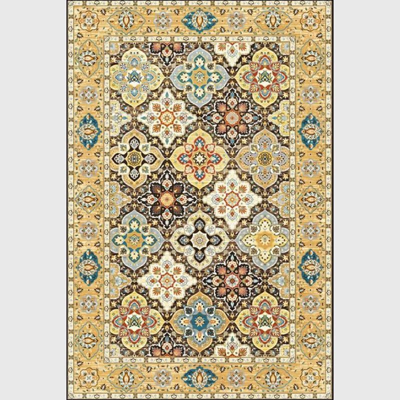 Persian Quatrefoil Patterned Rug Gold Polypropylene Area Carpet Machine Washable Stain Resistant Anti-Slip Backing Rug for Living Room