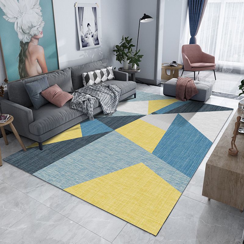 Fancy Modern Rug Blue Geometric Pattern Polyester Area Carpet Non-Slip Backing Rug for Living Room