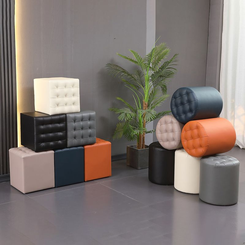 Contemporary Pouf Ottoman Genuine Leather Upholstered Tufted Solid Color Ottoman