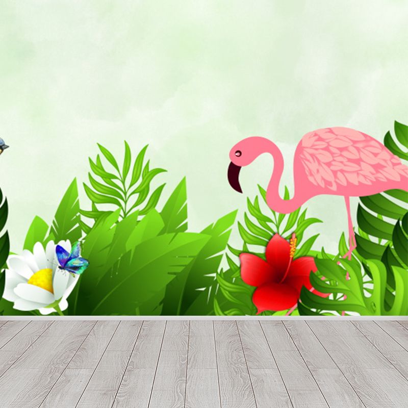 Flamingo and Leaves Mural Wallpaper Green Tropical Wall Covering for Living Room