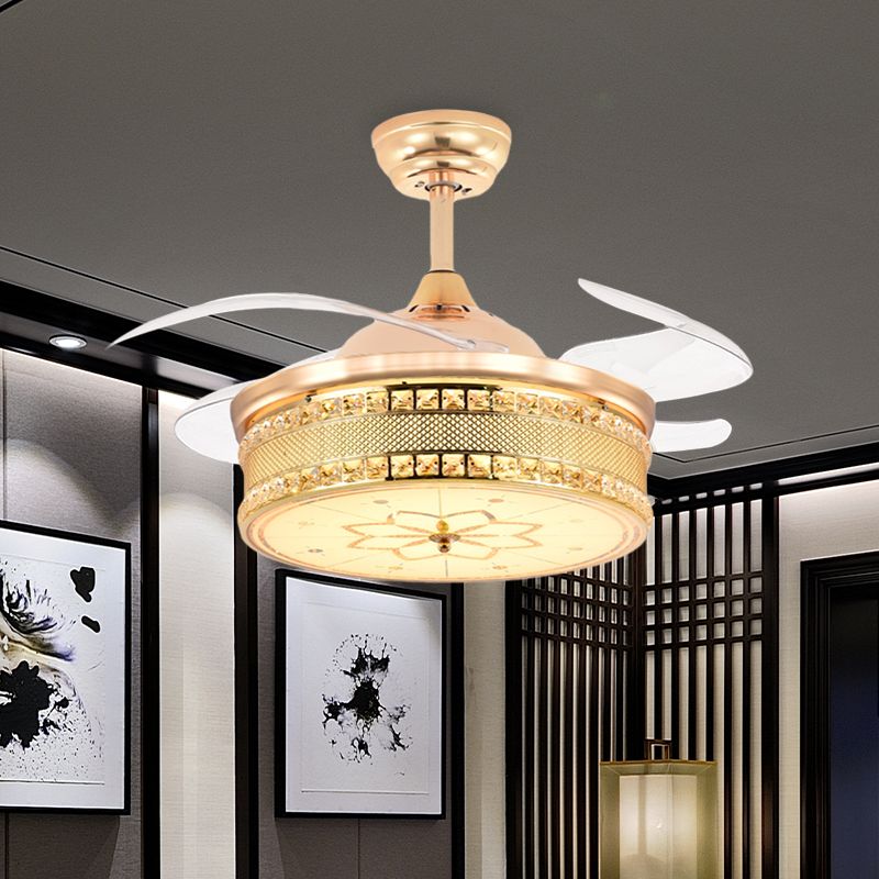 Snijd Crystal Gold Semi Flush Mount Light Drum 4 Blades 42,5 "brede modernistische LED -plafondventilator