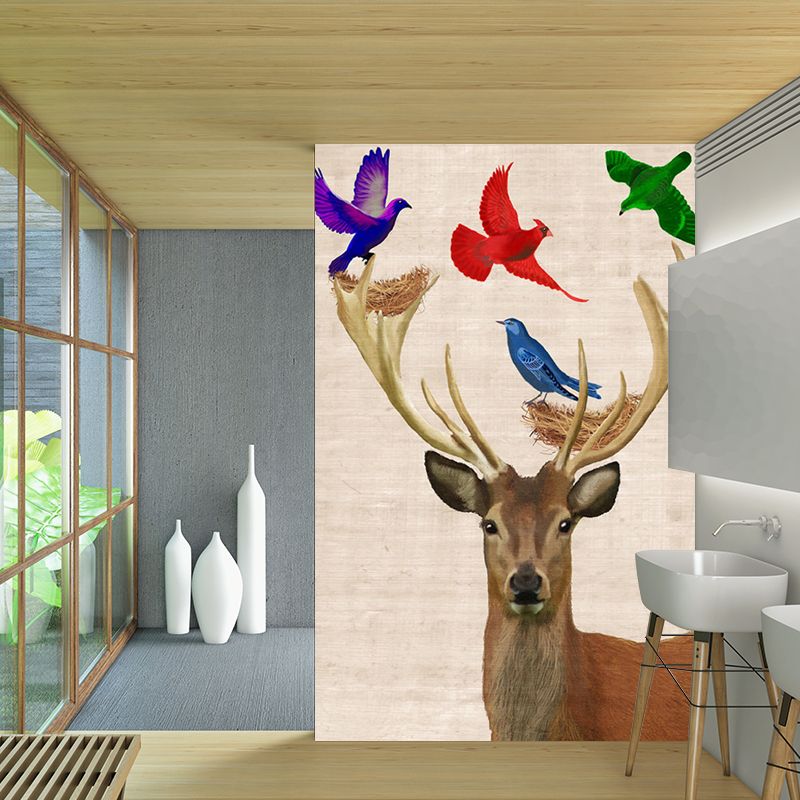 Custom Illustration Nordic Mural Decal with Bird and Deer Pattern in Brown, Waterproof