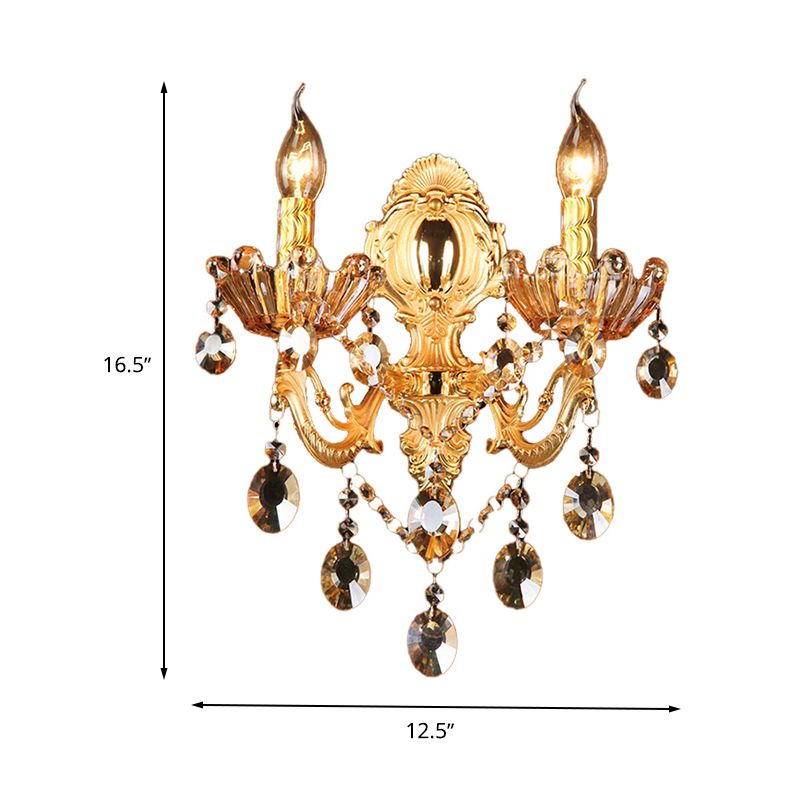 Brass Candelabra Sconce Light Traditional Metal 2 Heads Living Room Wall Mount Light Fixture with Crystal Drop Accent