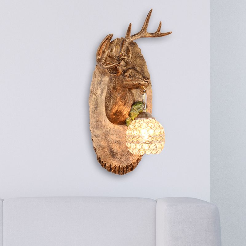 1 Light Resin Wall Lamp Rustic Black/Gold/Tan Orb Shade Indoor Sconce Light Fixture with Elk, Right/Left