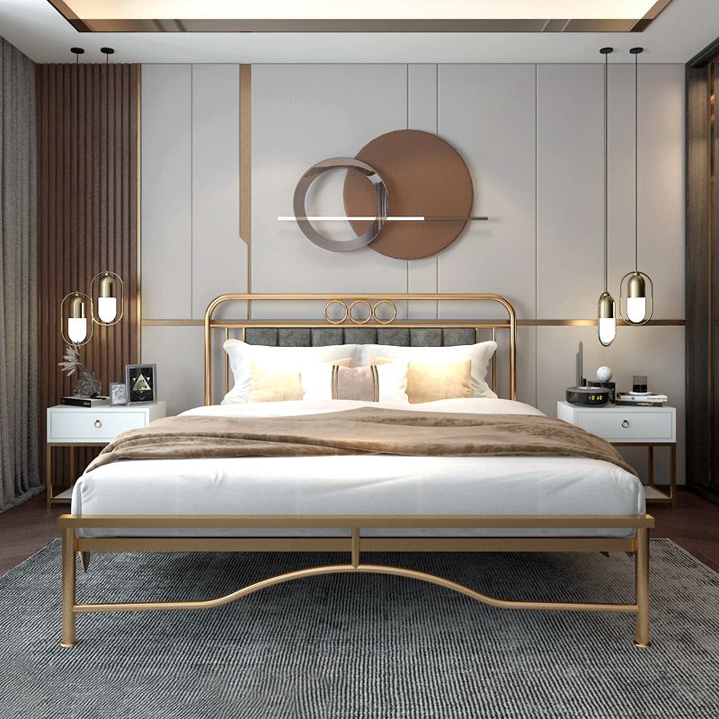 Upholstered Metal Bed in Gold Finish Low Profile Bed with Headboard