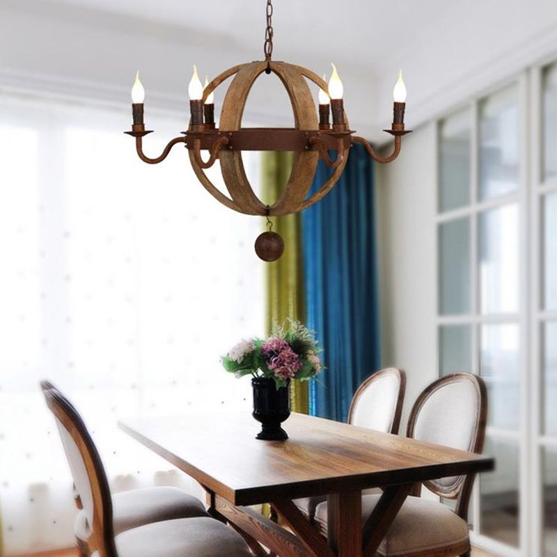 Luz de techo de madera de globo tradicional de 6/8 bombas Candelera colgante de comedor en marrón