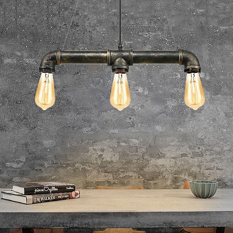 Aged Brass Pipe Ceiling Light Fixture with Open Bulb Antique Style Iron 3 Lights Indoor Island Pendant Light