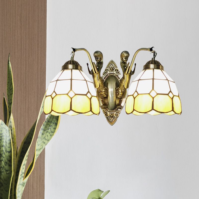 2-Head Domed Wall Mount Lighting Tiffany Dark Blue and White/Orange and White Stained Glass Mermaid Wall Sconce with Grid Pattern