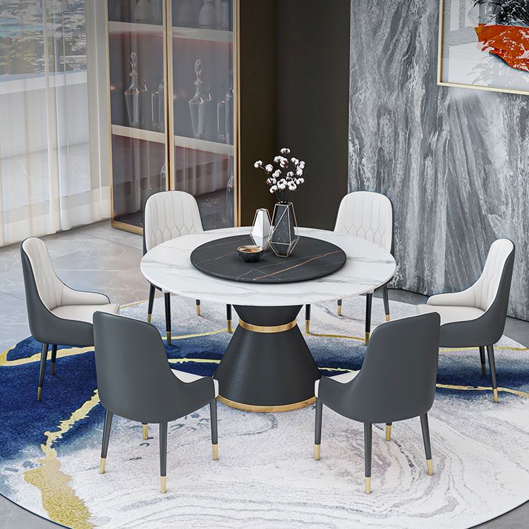 Round Stone Dining Table Black Base Traditional Luxury Dinette Table in White