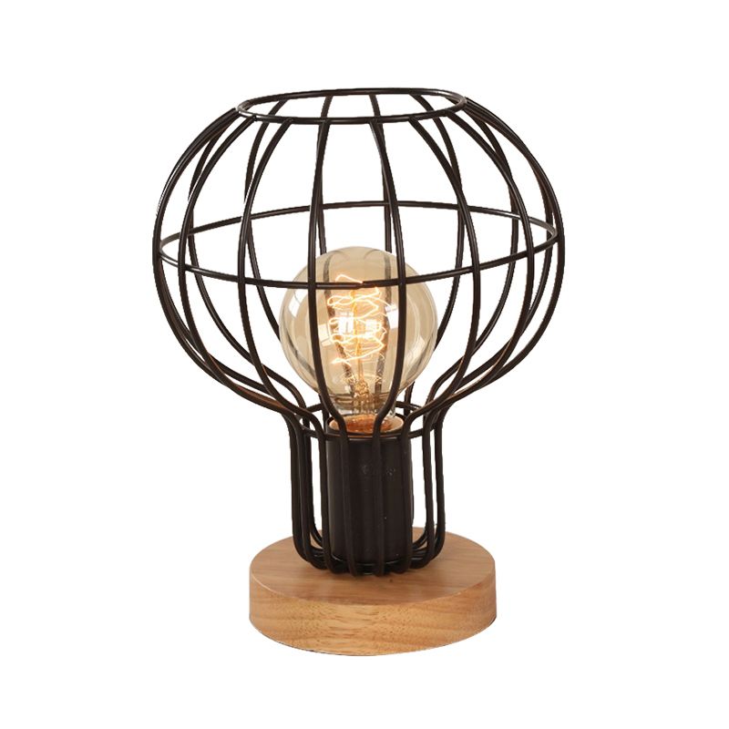 1 lampe de table de bulbe industrielle élégante poire / barillet ombre en métal et lampe à tâche en bois avec garde de fil en noir pour chambre à coucher