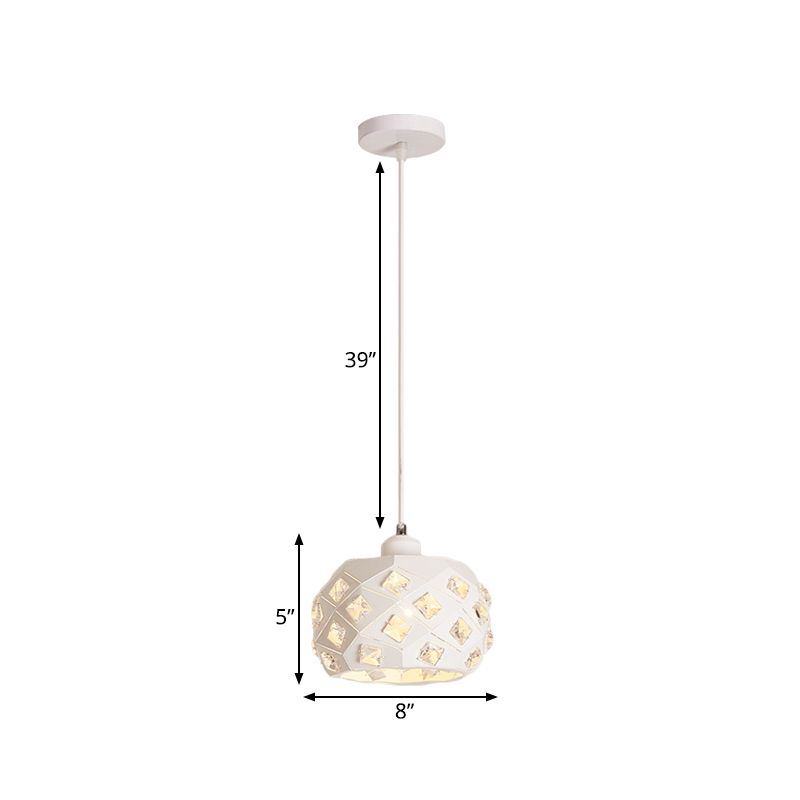 Single Dining Room Pendulum Light Minimal White Finish Crystal Hanging Lamp with Drum Iron Shade