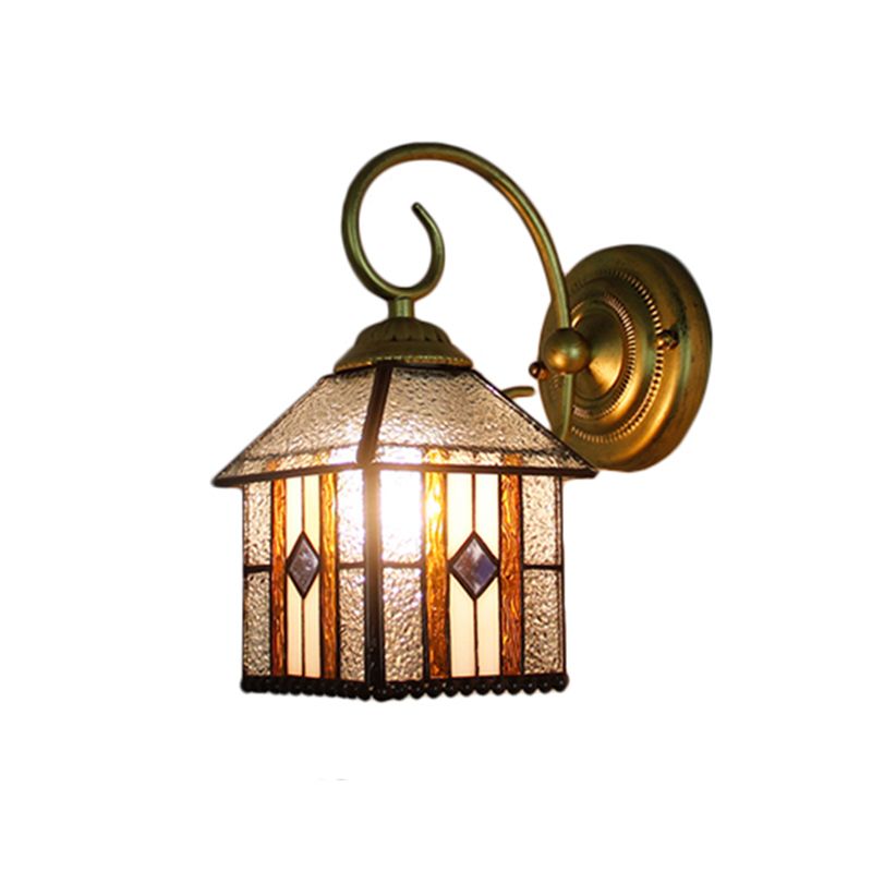Bedroom Hanging House Wall Sconce Art Glass 1 Head Tiffany Creative Wall Light with Curved Arm in Brass