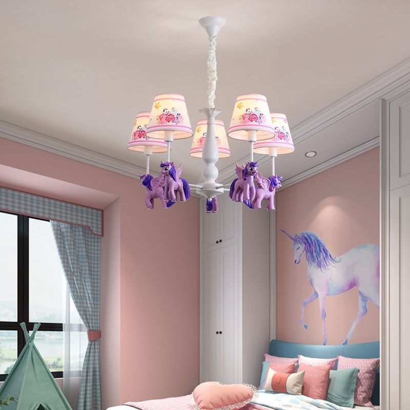 Cartoon Conical Hanging Ceiling Light Metal 5 Bulbs Chandelier Lamp with Unicorn Deco in Purple for Kid Bedroom