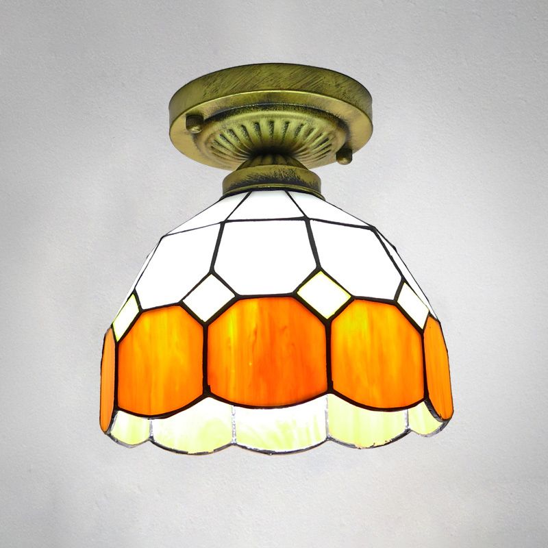 1 Head Flush Mount Light Classic Bell Shade Gridded Glass Semi Flush Ceiling Light