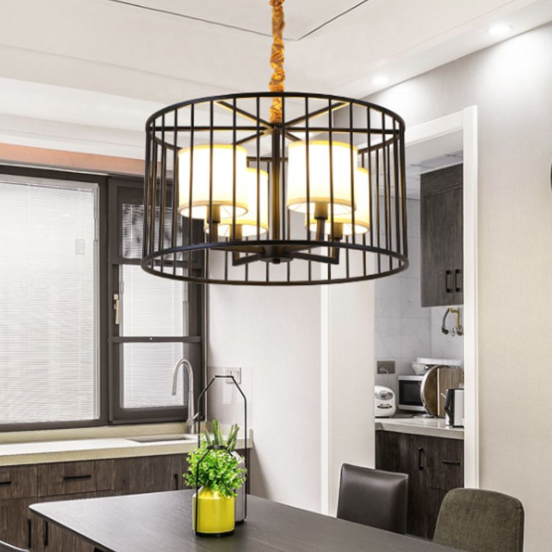 Cilindro soggiorno lampadario a pendente lampadario classico metallo a 4 luci dispositivo appeso nero con tonalità in tessuto