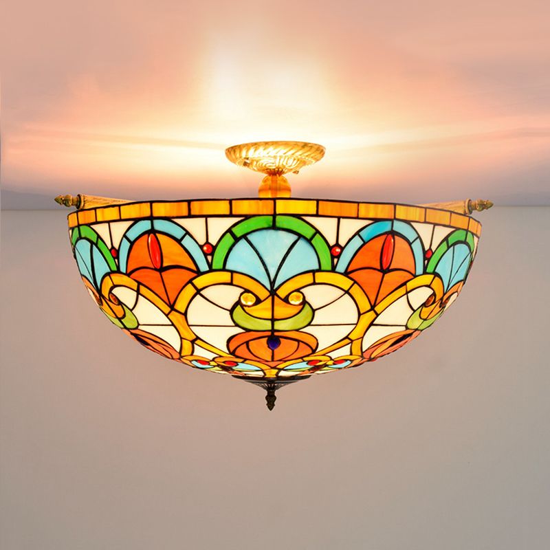 21.5"/25.5" W Brass Jewel Ceiling Lamp Baroque 5 Bulbs Multicolored Stained Glass Semi Flush Mount Lighting
