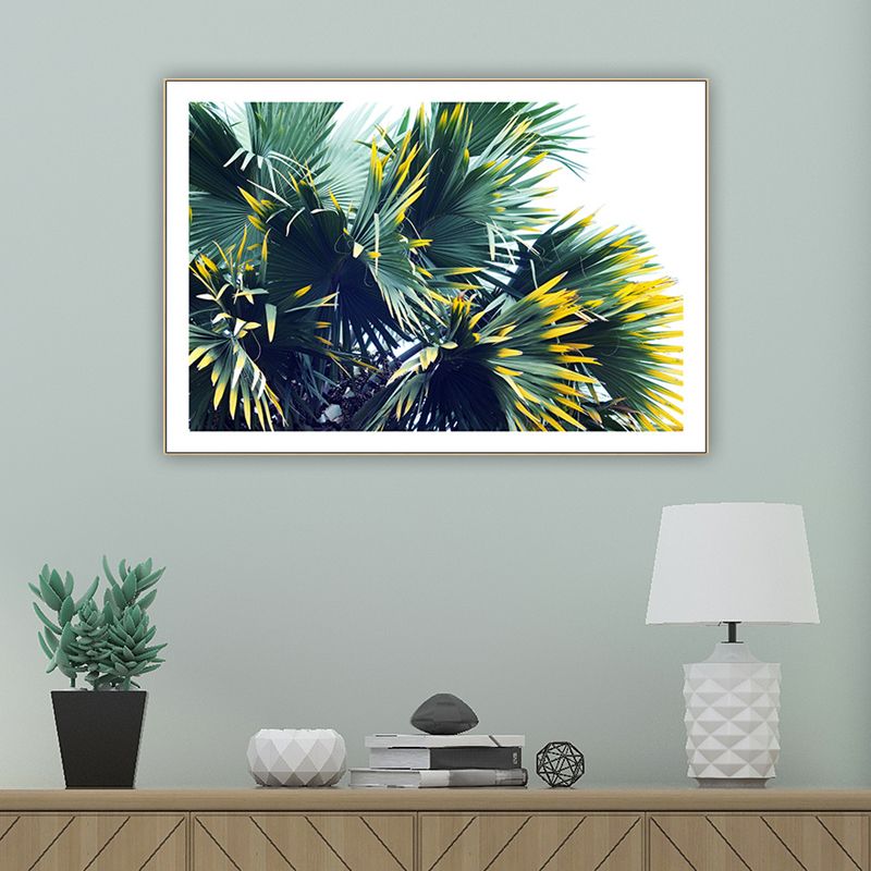 Tropical Palmetto Fan Wall Decor Green and White Botanical Canvas Art for Sitting Room