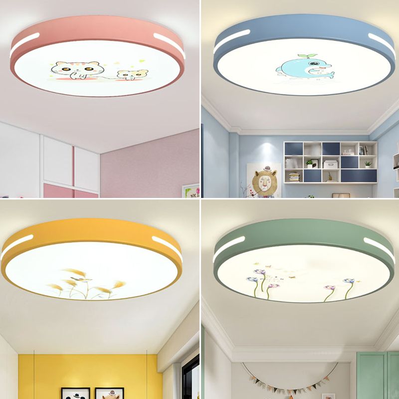 Round Shape LED Ceiling Lamp Kids Style Iron 1 Light Flush Mount for Dining Room