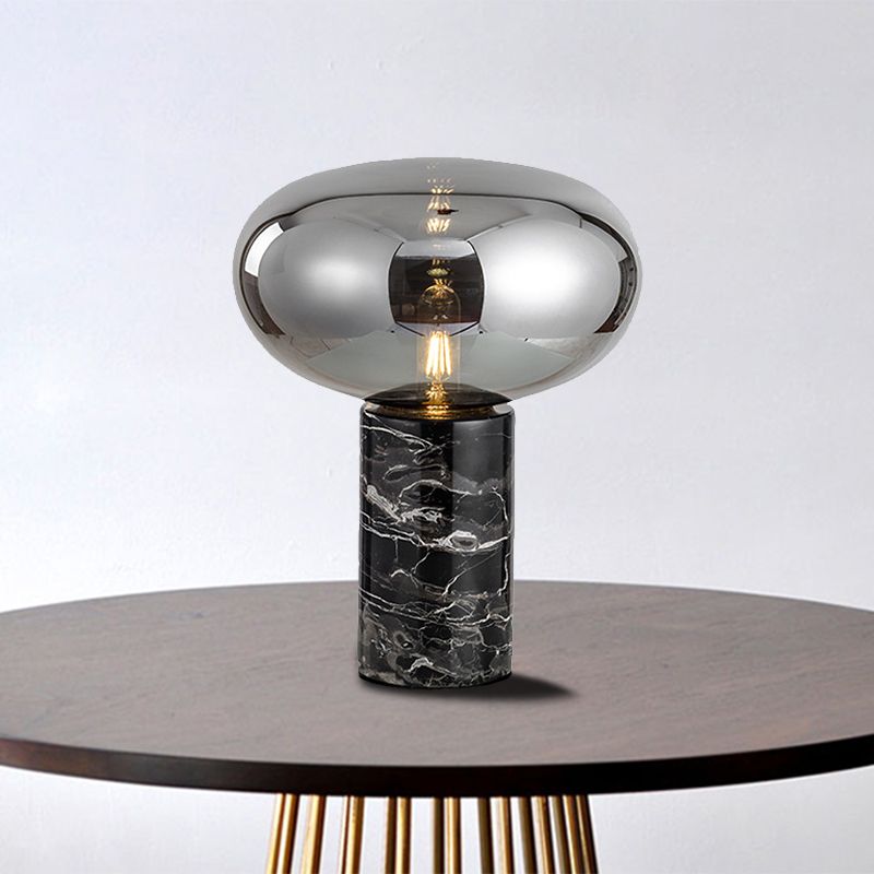 Tâche ovale légère fumée moderne gris / verre ambre 1 lampe de bureau de tête avec base de marbre de cylindre noir, 9 "/ 12,5" de large