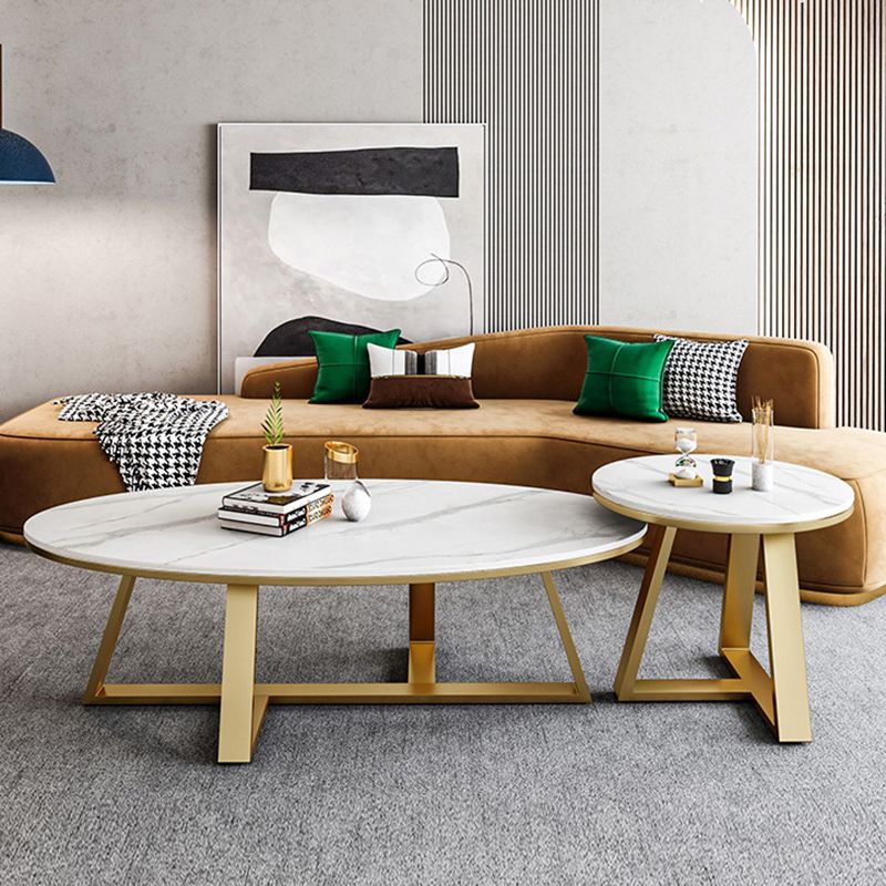 White Oval Stone Top Coffee Table with Iron Cross Base Cocktail Table