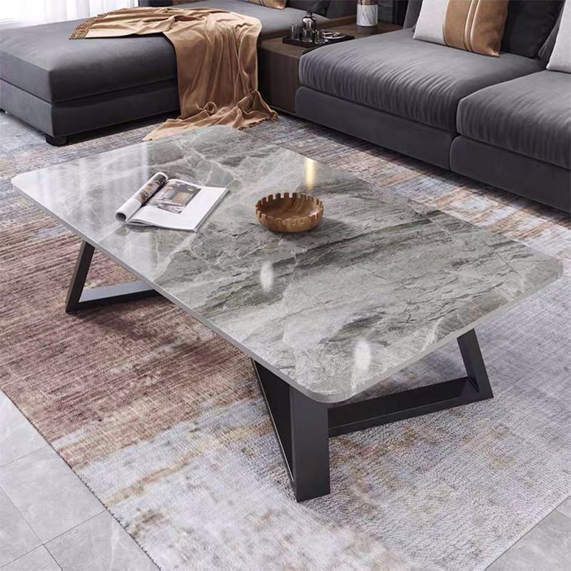 Glam Rectangle Stone Top Cocktail Table with Black Iron Cross Leg