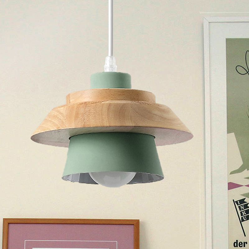Macaron Style Mushroom Pendant Light Metal Wood 1 Light Hanging Light for Restaurant
