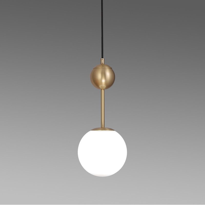 1 Head Bedroom Suspension Light Simple Brass Hanging Pendant with Spherical Milk Glass Shade