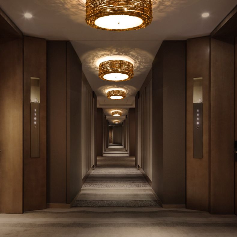 Luminaire de plafond encastré en rotin asiatique, tambour marron pour salle à manger