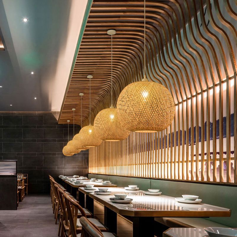 Modern Style Handwoven Ceiling Light Rattan Single Restaurant Hanging Pendant Light in Wood